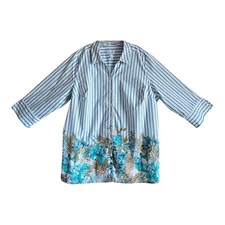 DENIM & CO Women's Plus 3X Tunic Blouse Striped Floral Button Up Teal Brown 56"