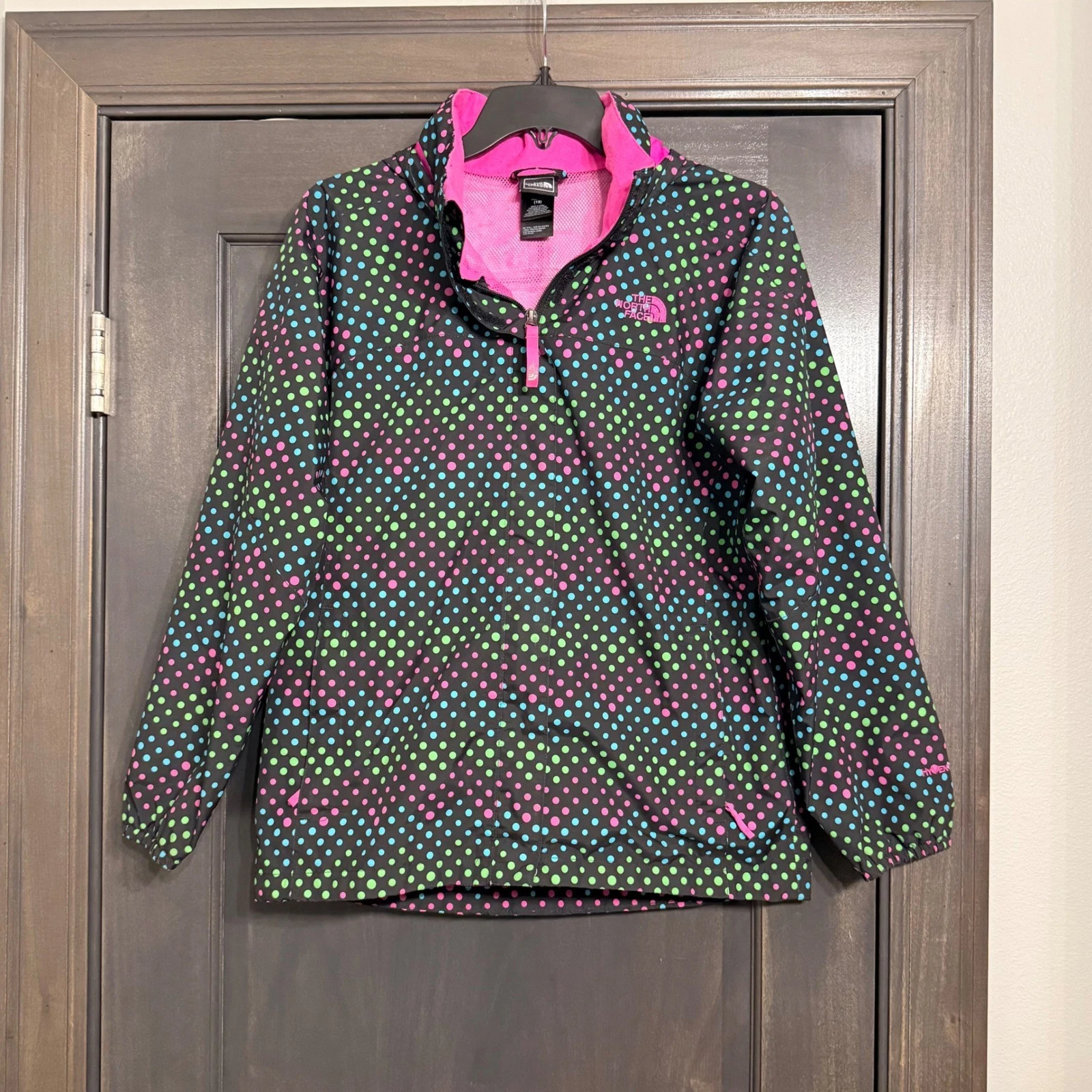 The North Face Girls XL 18 HyVent Rain Jacket Black Multicolor Polka Dot Hooded