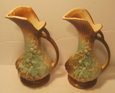Pair McCOY Pitchers VINE Design Light Green & Brown Colors EXCELLENT Overall!!!