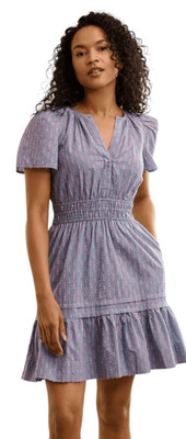 Hatley Seersucker Smocked Waist Prairie Coastal Preppy Embroidered Blue Dress MD