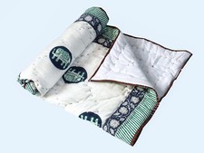 Indian Handblocked Elephant Printed Cotton Stitched Blanket Baby Quilt US