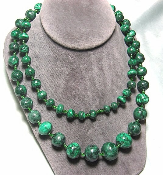 Mediterranean Graduated Hand Polished Malachite Bead Necklace 36” long