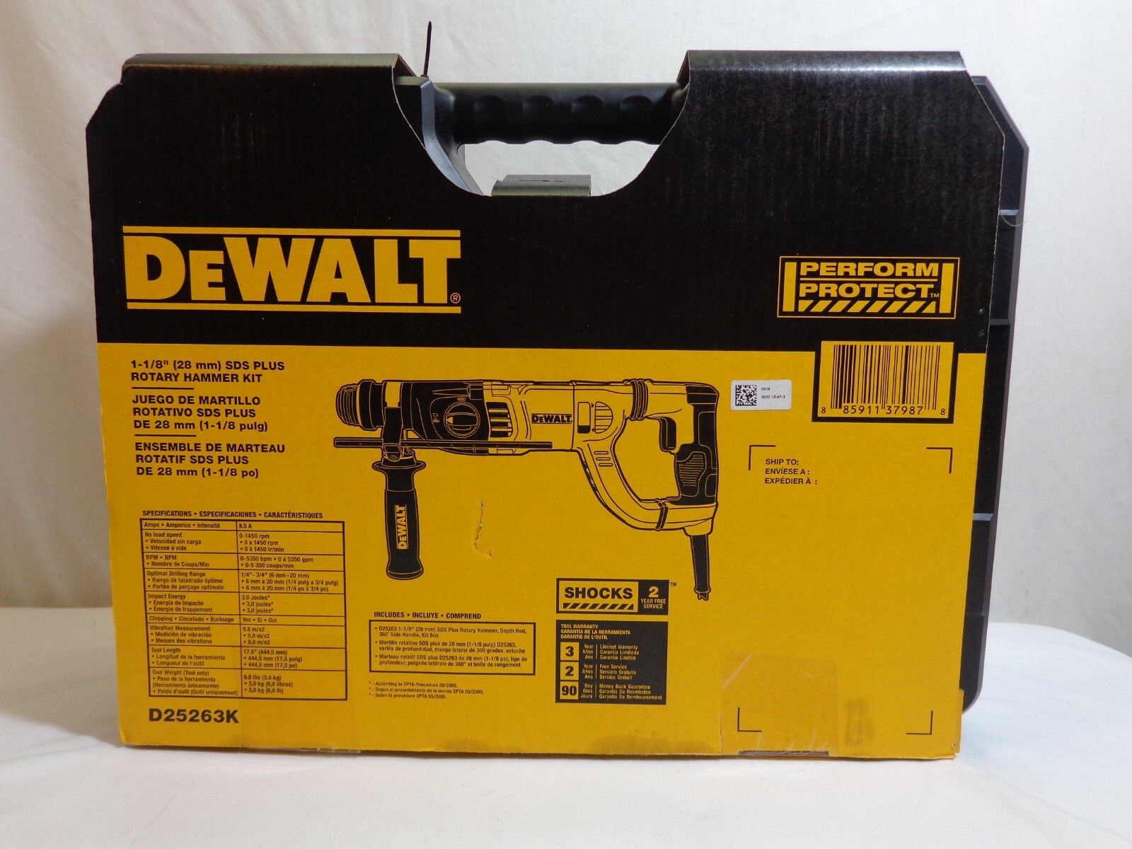 DEWALT 11/8" SDS PLUS (CORDED) ROTARY HAMMER KIT (MODEL D25263K) NEW