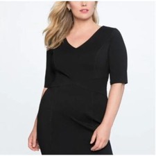 ELOQUII 9-5 Stretch Work Dress Black Piping Short Sleeve Sheath Knee LBD Sz 16