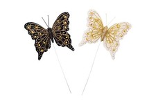 12PC 4" Black and White Feather Butterfly w Gold Glitter DIY Wedding Cake Topper
