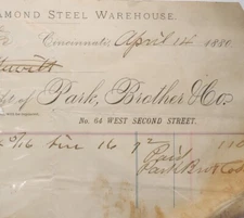 1880 Park Brother Co. Steel Billhead Receipt Cincinnati Ohio 1800s Ephemera