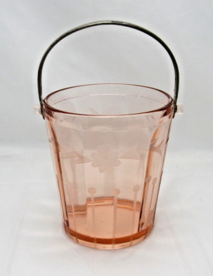 Pink Depression Glass Ice Bucket w/ Handle Etched Flower Dot Paneled Sides Peach