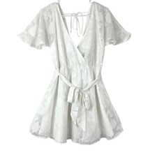 Lulus White Floral Burnout Flutter Sleeve Surplice Mini Dress Size M Wrap Style