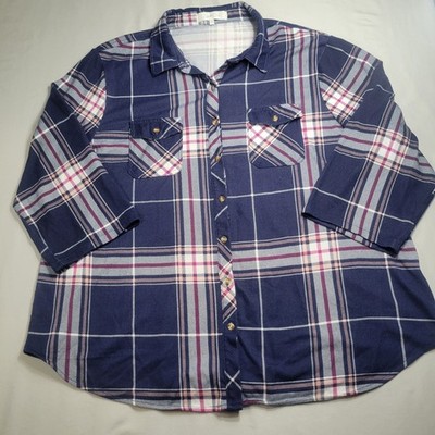 Eden & Olivia Women's Blue Plaid Button Up Collared Shirt 3/4 Sleeves 2X