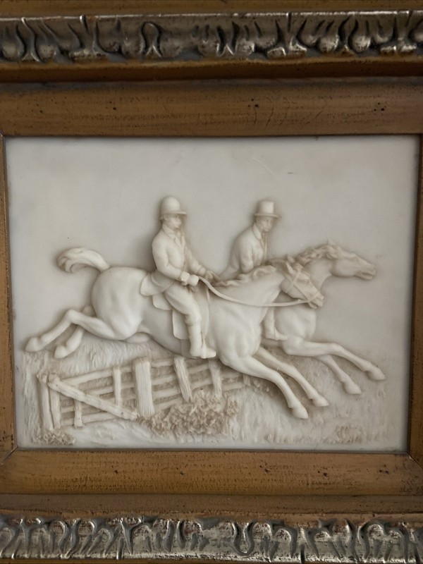 Vintage English Hunt Jump Equestrian Scene Faux Marble Cast Plaque 3D 10x9
