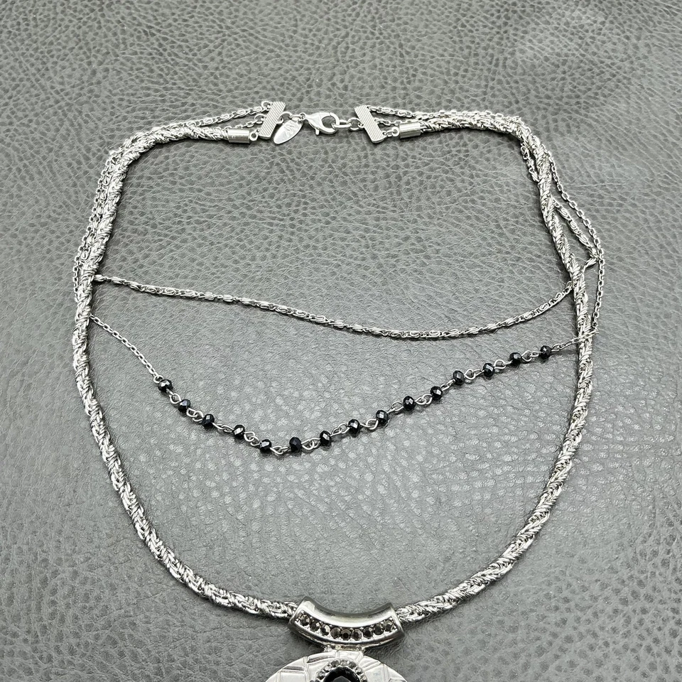 NY Multi Strand Statement Necklace Silver Tone Black Beads Oval Stone Pendant - Image 4 of 4