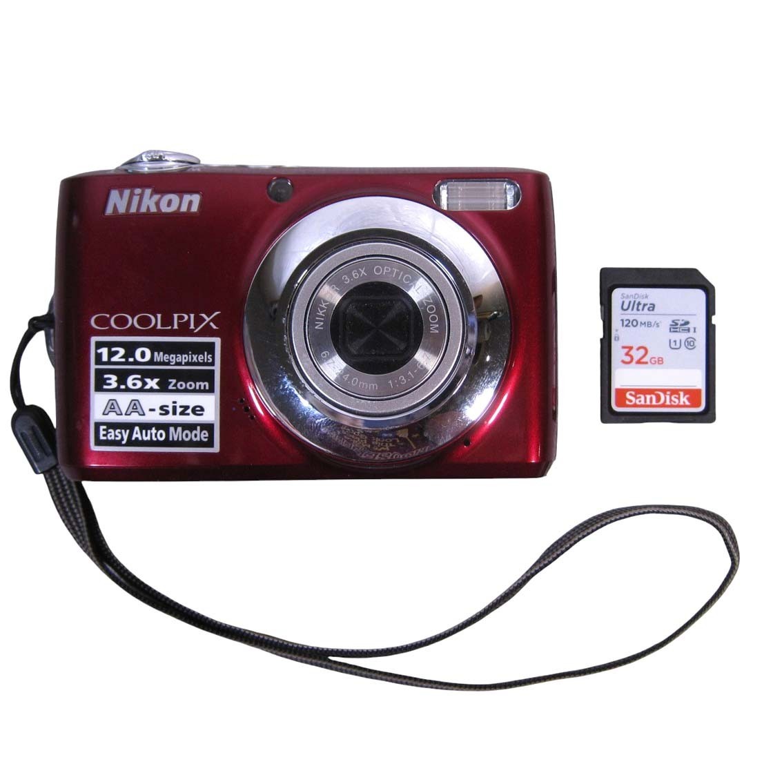 Nikon Coolpix L22 12mp 3.6x Zoom Digital Camera Red With 32 GB