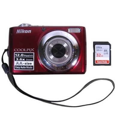 Nikon Coolpix L22 12mp 3.6x Zoom Digital Camera Red With 32 GB