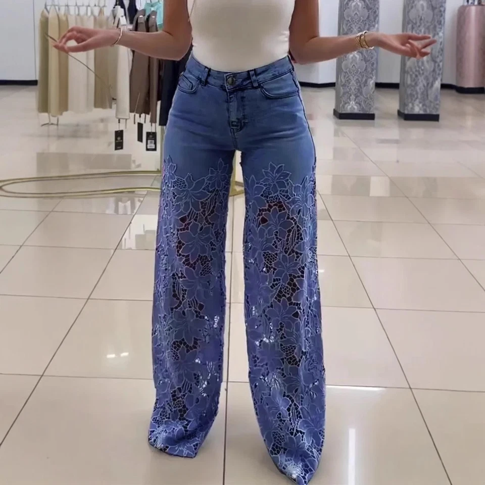 Pantalones de mezclilla huecos Y2K de encaje con flores de moda cintura alta rectos pierna ancha lisos C Foto 3 de 4