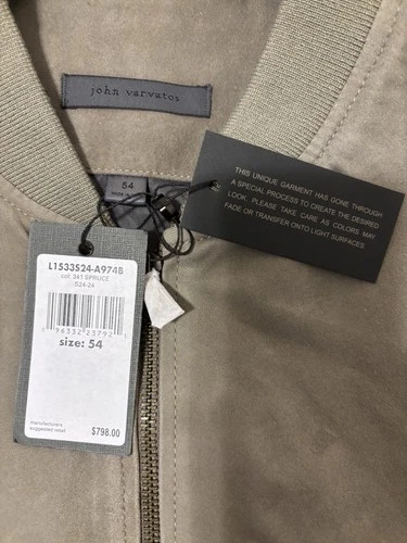 NWT $798 John Varvatos Jacket 54 L Men's Khai Suede Bomber Khaki Light Green image 3