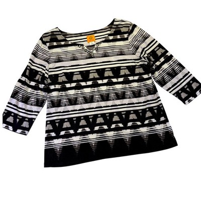 Ruby Rd Womens XL Black White Geometric Print 3/4 Sleeve Embellished Top 1012C2