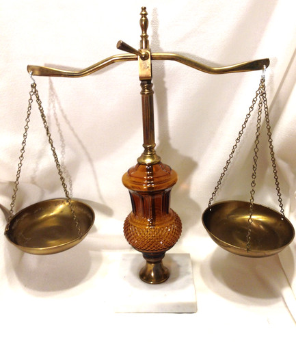 Vintage Brass Scales Of Justice Amber Glass 1960’s Marble Bottom 16"