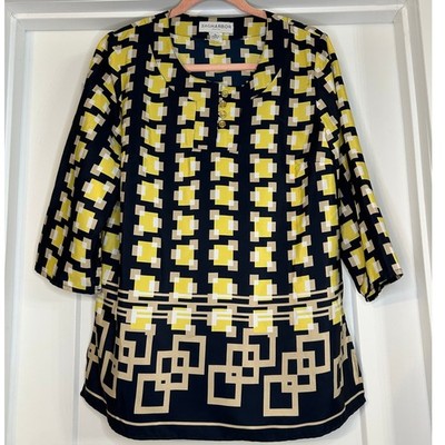 Sag Harbor Petite Women Geometric Top 3/4 Sleeve Vintage Dressy Navy Yellow