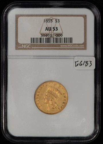 1855 G$3 Indian Princess Head Three Dollar Gold Piece - NGC AU 53 - SKU-G6183