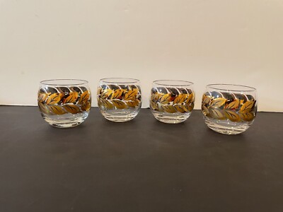 Four (4) Medium Federal Roly Poly Gold and Black Leaves Glasses - 2 3/4'' Tall
