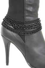 Women Boot Bracelet Black Metal Chains Anklet Bling Shoe Charm Wave Wrap Around
