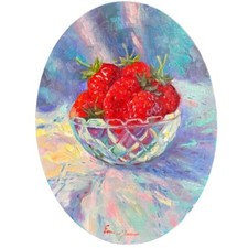 Crystal  strawberries  Painting Original Oil on Rondo still life Canvas