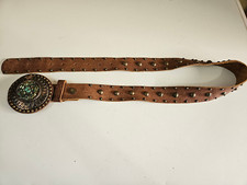 Women Leather Belt Rivets Studs Round Buckle W/Turquoise Stones 39-41"