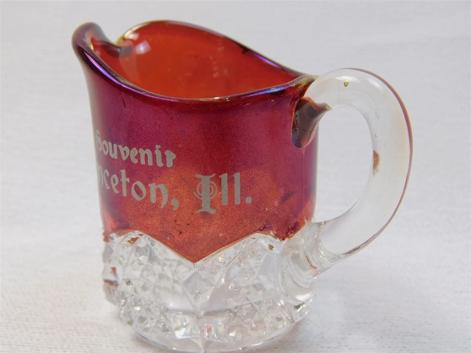 Antique Ruby Stained EAPG Glass Creamer Pitcher Souvenir Princeton, Ill. 2.5" - Image 4 of 4