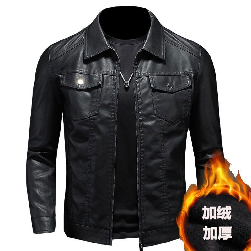 Men's Faux Leather Motorcycle Jacket Velvet Trim Stylish Biker Coat-image
