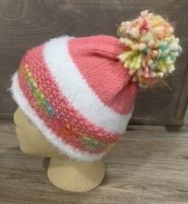 Handmade Girls Pink White Combo Pom Pom Knit Hat Beanie 4-7 Years Youth