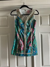 Lilly Pulitzer Blue Macfarlane Shift Dress Gold Embroidered Scoop Neck 00 Womens