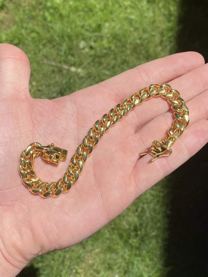 Brazalete de eslabones cubanos Hip Hop Miami de 10 mm de oro real de 18 quilates para hombre cierre de caja Foto 3 de 4