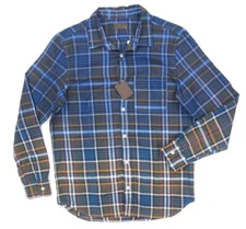 NEW $495 ALTEA BLUE/BROWN HYDE PLAID WOVEN BUTTON DOWN SHIRT SIZE M