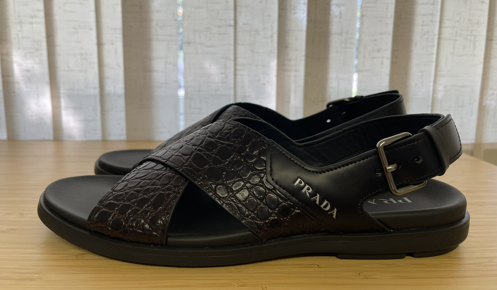 Prada men\'s size 10 sandals Black Saffiano leather crisscross slides | PRADA - United States main image 3