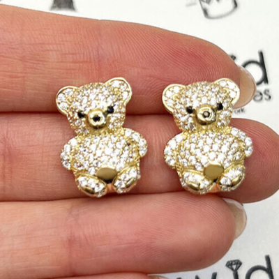 2.70CTW CZ 14K Yellow Gold Pave Puffed Teddy Bear Earrings