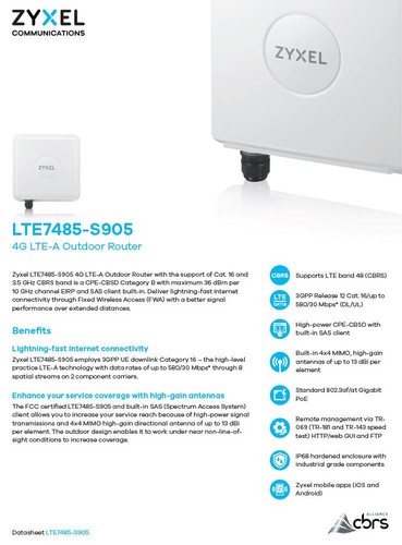 Zyxel New LTE7485-S905 3.5GHz 4G LTE-A CAT16 Outdoor Router CPE, CBRS Band 48 - Afbeelding 2 van 5