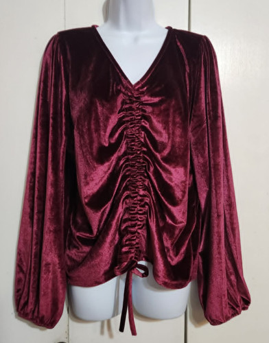 Sterling Kreek XL Burgundy Velvet Whimsigoth Top Ruched V-Neck Vampire Witchy