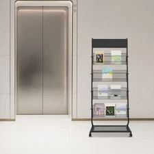 5-Tier Modern Magazine Display Stand, Floor Standing Magazine Rack with 4 Wheels