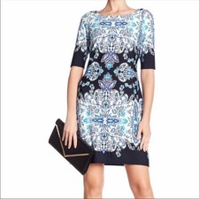 Eliza J Women's Navy/White Elbow Sleeve Lined All Over Print Sheath Dress sz 4