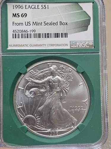 1996 $1 AMERICAN SILVER EAGLE NGC MS69 FROM US MINT SEALED BOX LABEL GREEN CORE