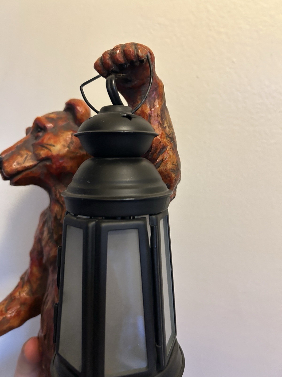 VTG Black Forest Bear Lamp Holding Lantern Hand Painted Resin Cabin