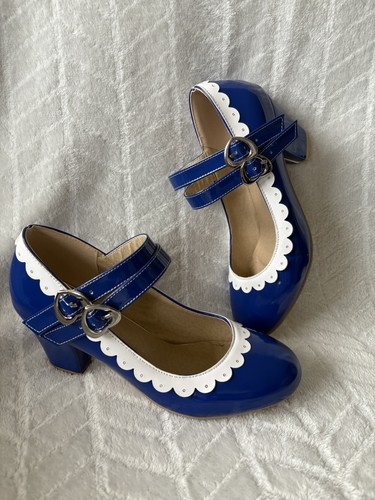 Mary Jean Heels Women’s Size 9 Blue W Delicate White Scalloped Trim Modern Flair