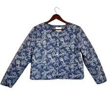 Lucky Brand Blue Floral Cotton Quilted Crop Jacket XL Boho Chic Coastal Cottage
