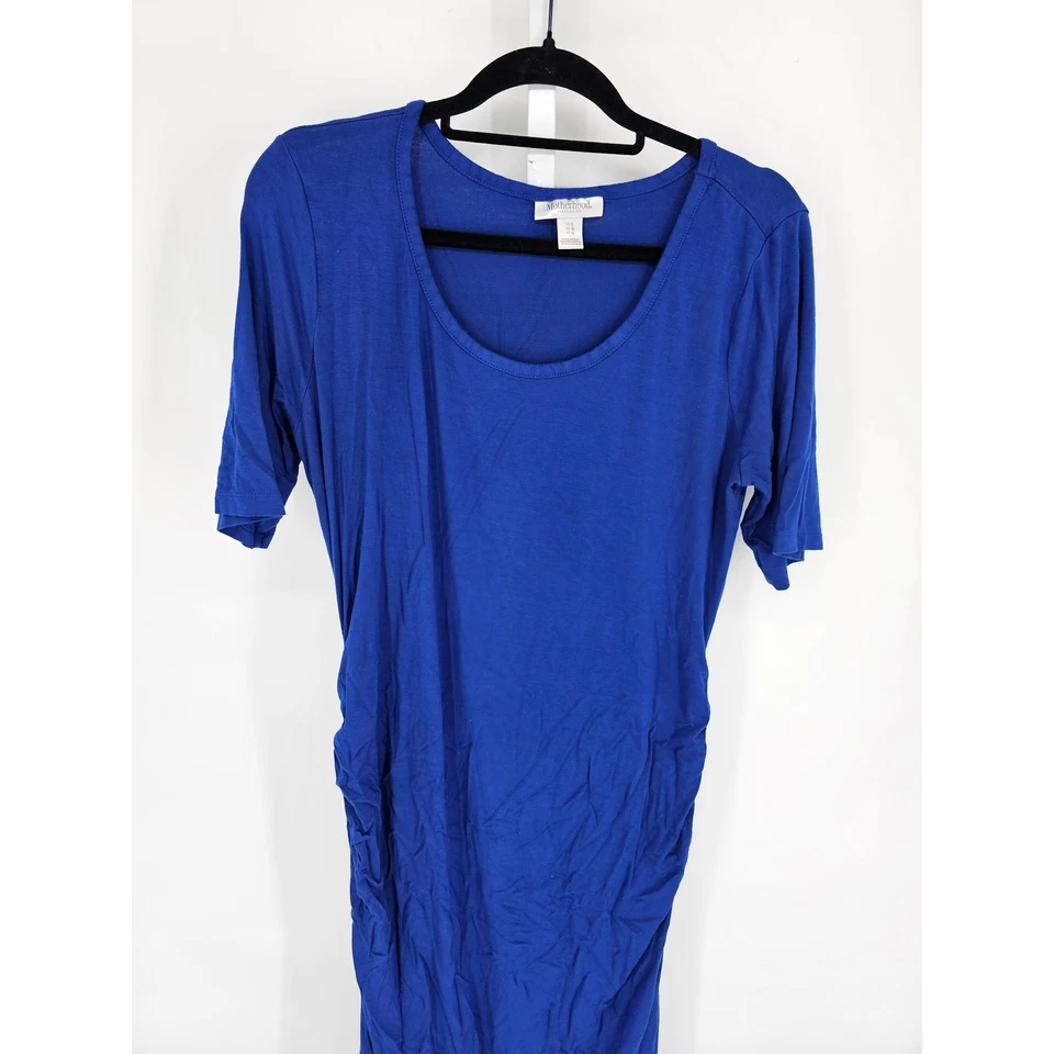 Motherhood Maternity Womens Sz L Maxi Dress Solid Blue Short Sleeve Knit - Image 2 of 4