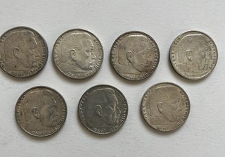 7 Silbermünzen 2 Reichsmark 1939 Hindenburg A A A A A A A