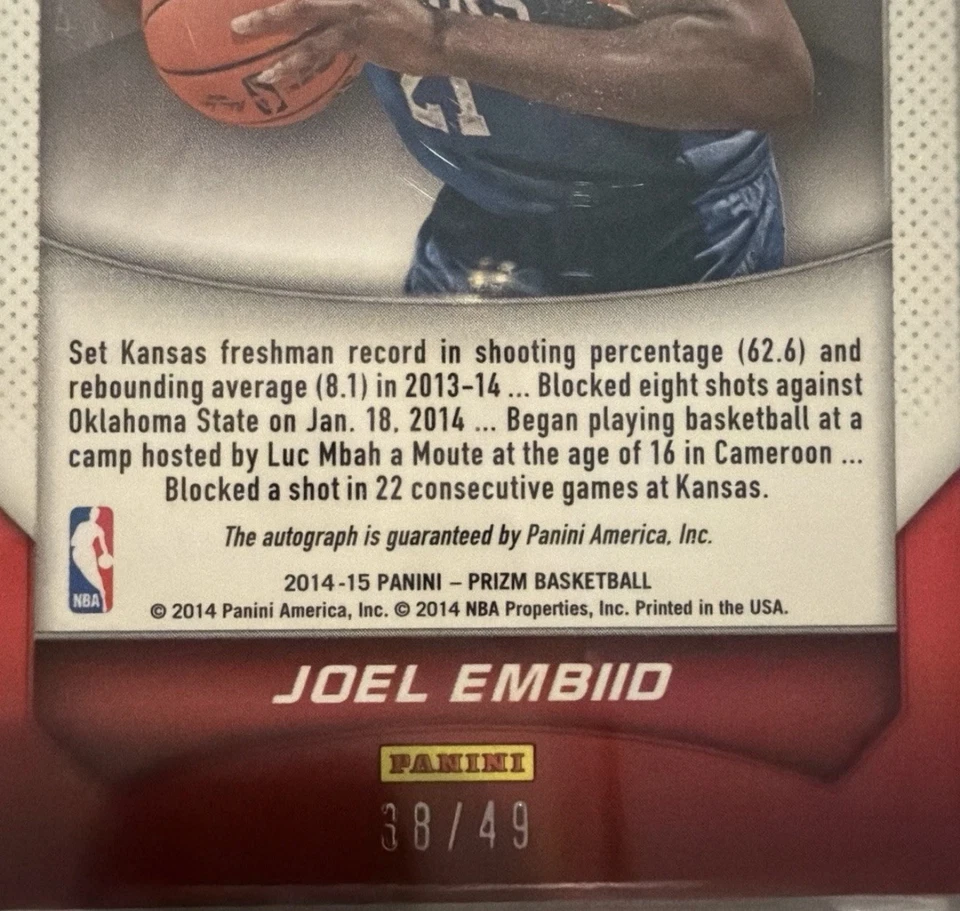 2014-15 Panini Prizm Autographs Joel Embiid #79 Purple Pulsar Prizm /49 (AU, RC) - Image 2 of 3