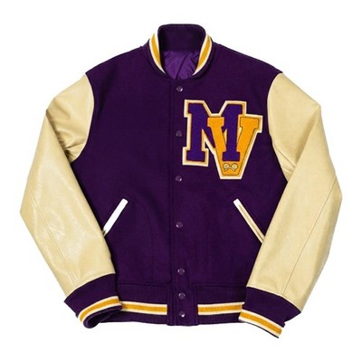 MV Classic Men s Varsity Letterman Jacket Purple Cream Leather Sleeves