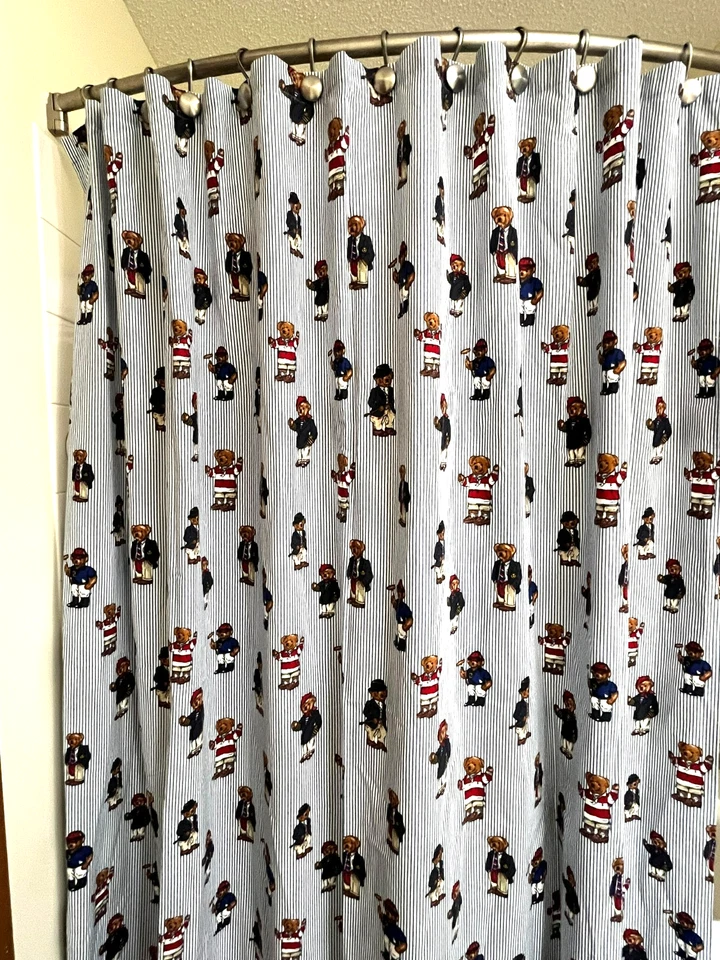 De Colección Ralph Lauren Polo Universidad Oso de Peluche Cortina de Ducha Rayas Azul/Blanco Foto 2 de 4