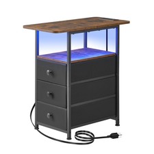 Narrow End Table with Charging Station, Narrow Side Table with 3 Fabric Drawe
