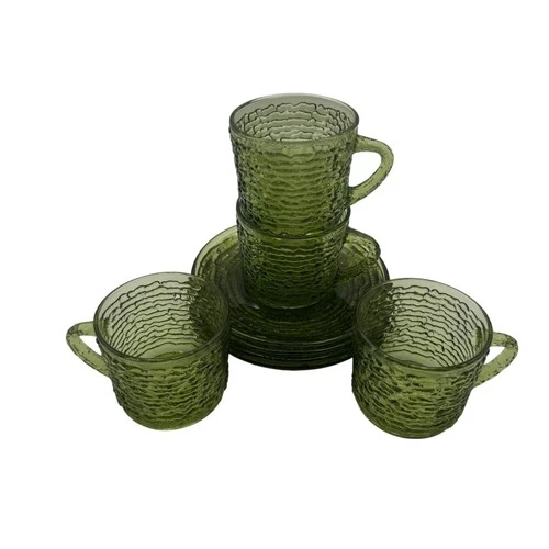 Vintage Soreno Glass Cups Saucers Mugs Set of 4 Avocado Green Anchor Hocking